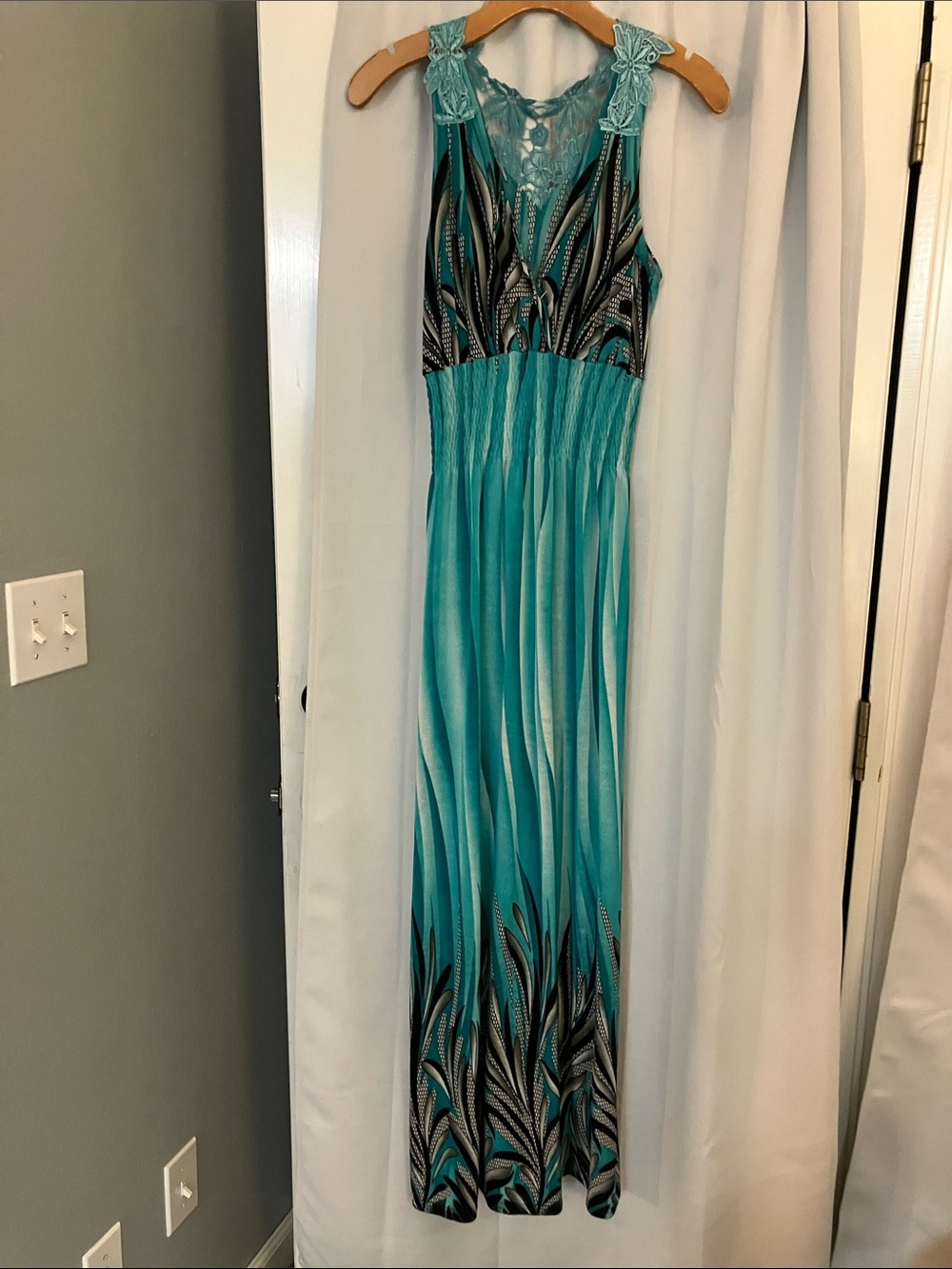Turquoise Lace-Back Maxi Dress with Patterned Bodice